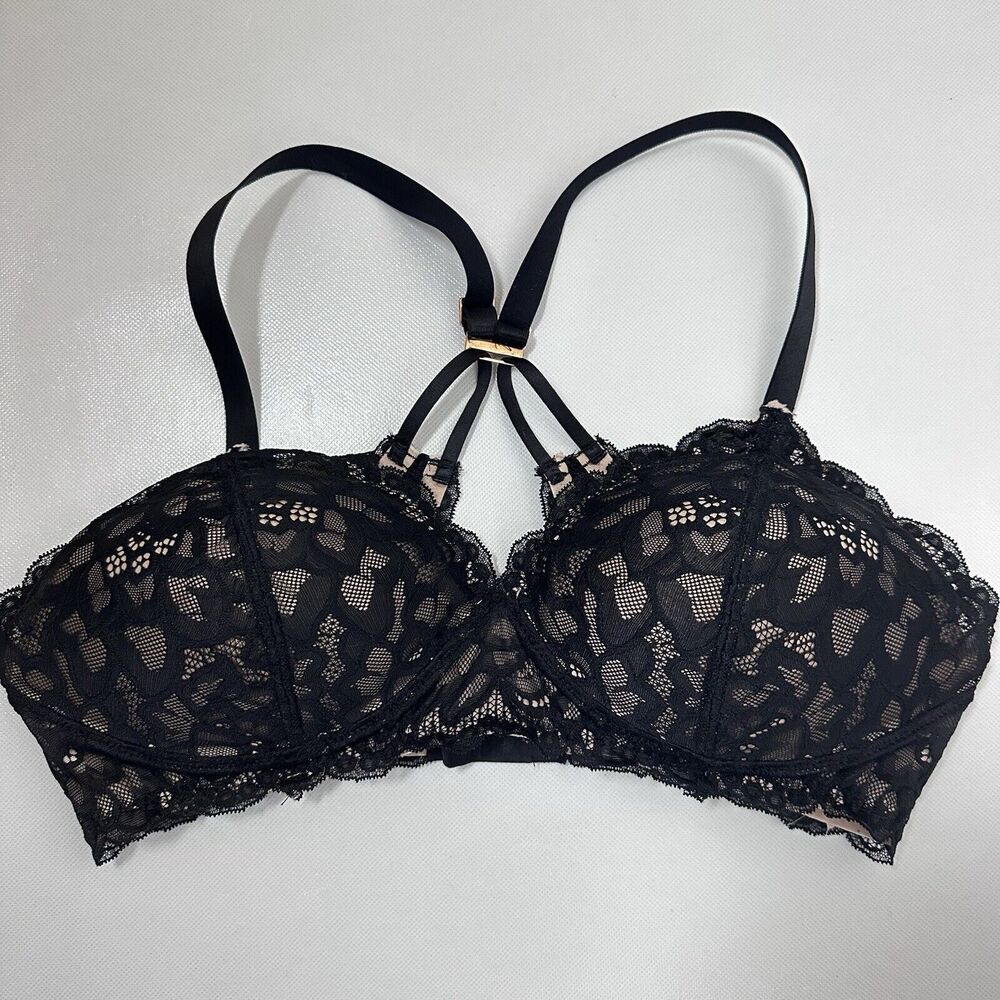 Aerie Bra Womens 36D Black Real Power Wireless Push Up Lace Bralette Strappy